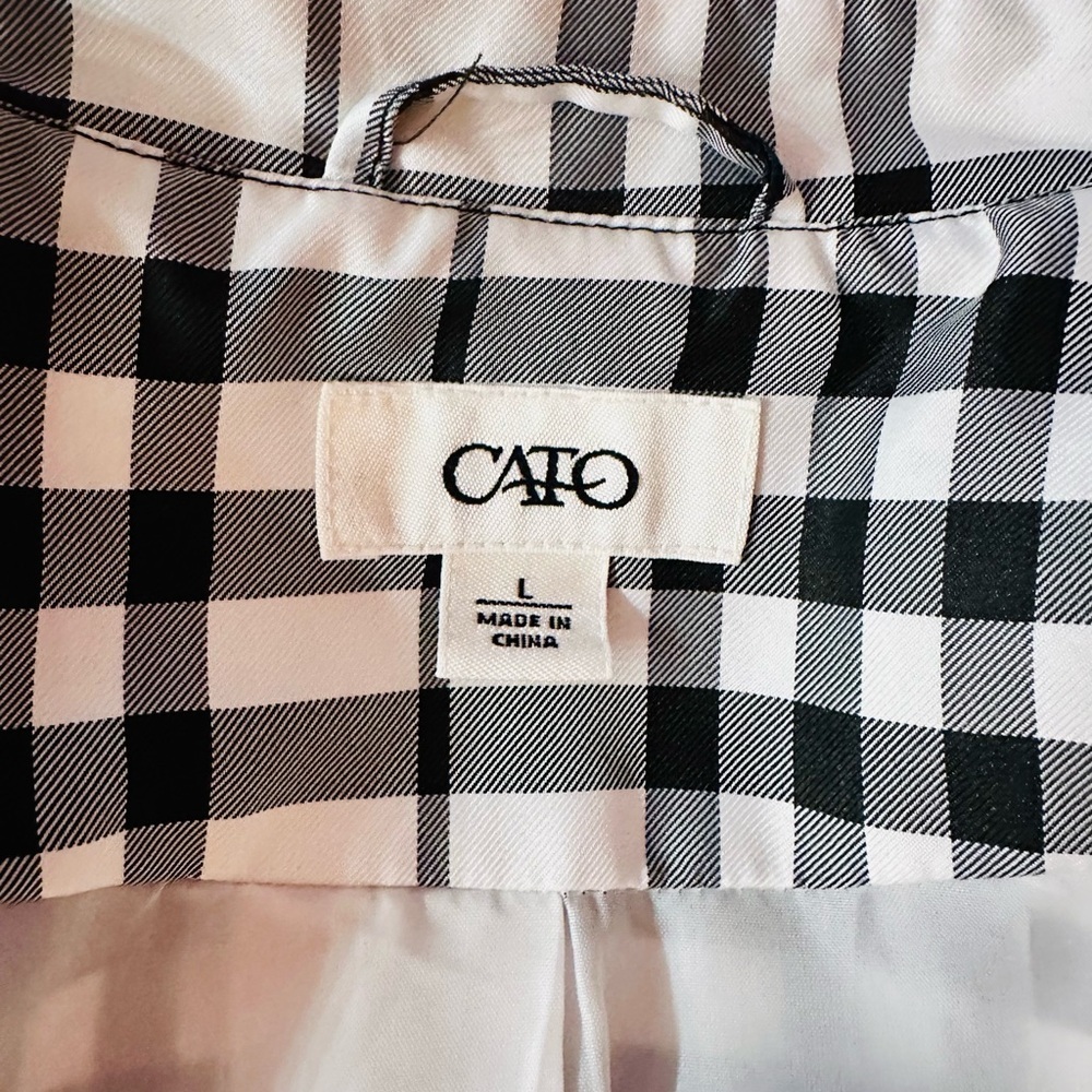 Cato Black White Plaid Belted Trench Coat Double Breasted size L - Picture 3 of 11